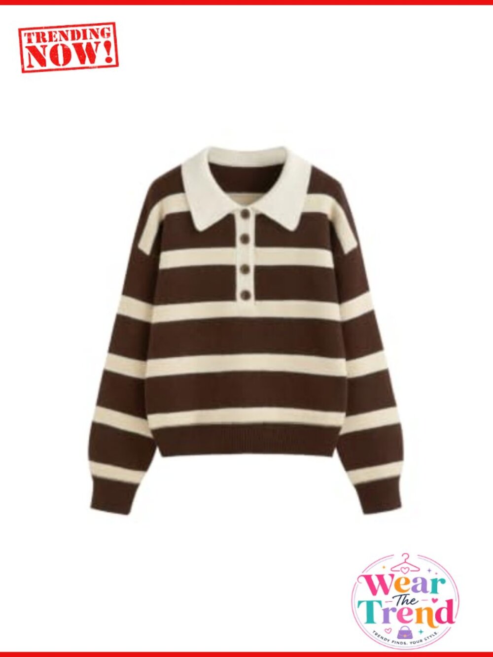 Striped Polo Sweater Half Button Knit Pullover Drop Shoulder